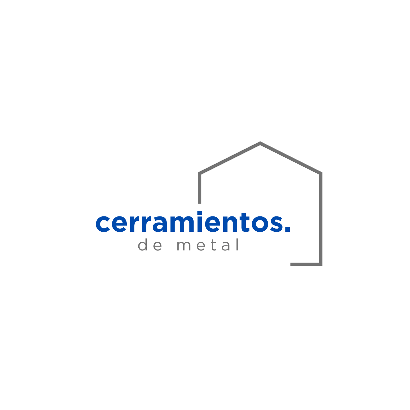 Logotipo de Cerramientos de Metal, compuesto por el texto ‘cerramientos. de metal’ en tipografía moderna, con la palabra ‘cerramientos.’ en color azul oscuro y ‘de metal’ en gris. A la derecha, el diseño incluye un trazo minimalista que simula el contorno de una casa en color gris, representando la especialidad de la empresa en estructuras metálicas para espacios arquitectónicos.