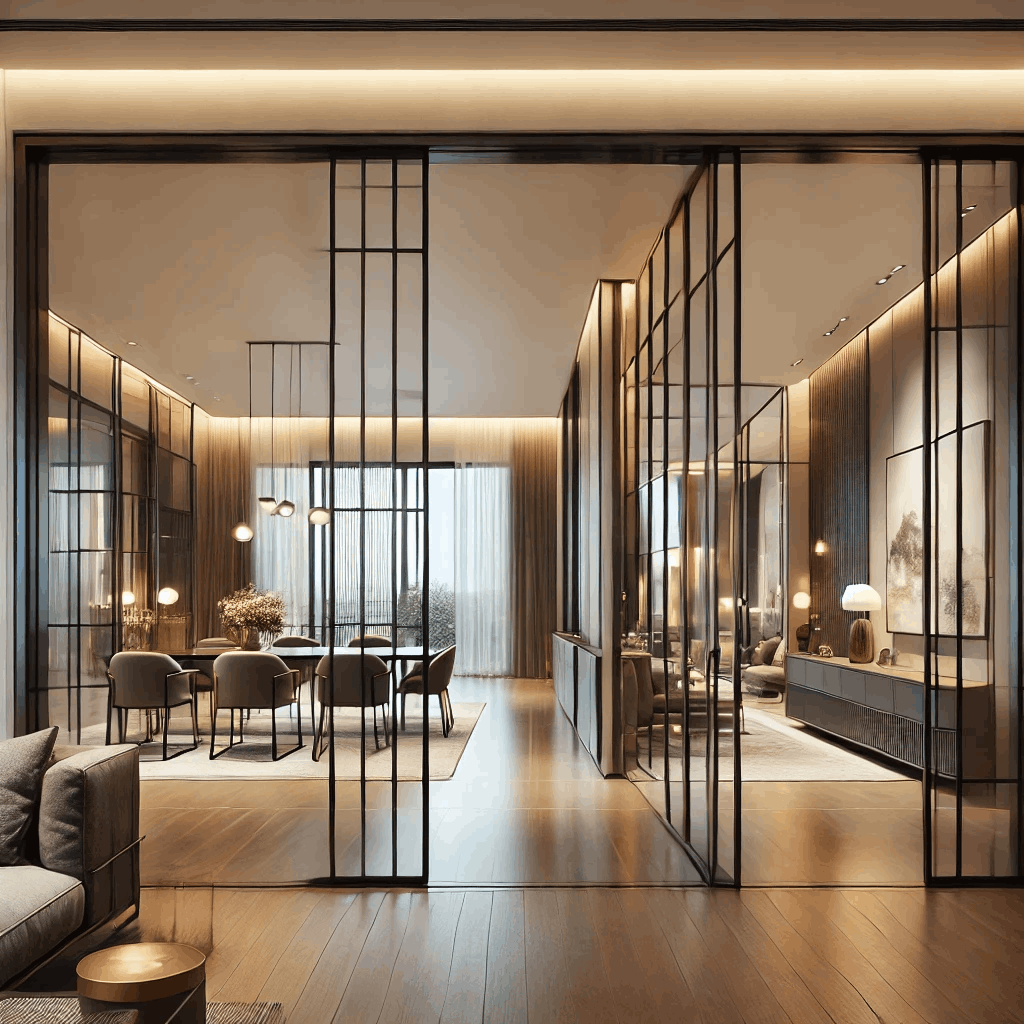 Espacio interior moderno y amplio con cerramientos de cristal y estructuras metálicas en tonos dorados, que dividen diferentes áreas del hogar. El diseño combina un salón contemporáneo con sofás y mesas minimalistas, un comedor elegante y zonas de trabajo visibles en el fondo, creando un ambiente sofisticado y funcional.