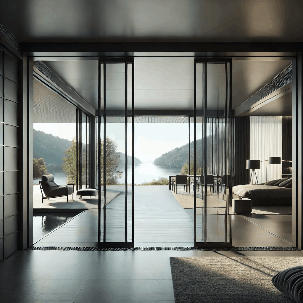 Esta fotografía muestra un diseño moderno y minimalista de una estancia con puertas correderas hechas de metal oscuro con un acabado mate y grandes paneles de vidrio que permiten la entrada de abundante luz natural. Las puertas conectan el interior con un espacio exterior amplio, posiblemente un patio o terraza, que ofrece una vista espectacular de un paisaje natural con un río o lago rodeado de colinas.  El interior está decorado con un estilo contemporáneo, destacando muebles de líneas rectas y colores neutros. A la derecha, se observa una cama con lámparas modernas, mientras que a la izquierda hay un área de descanso con sillones. El diseño enfatiza la armonía entre los espacios interiores y exteriores, creando una transición fluida y elegante entre ambos ambientes. Los materiales utilizados, como el metal y el vidrio, refuerzan la sensación de sofisticación y modernidad en el espacio.
