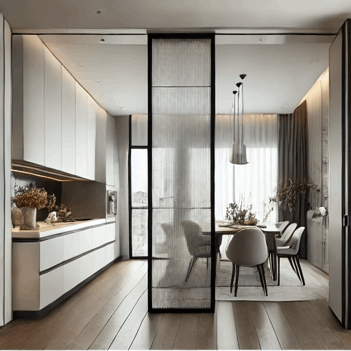 Puerta corredera de marco metálico negro y cristal separando una cocina moderna de un comedor elegante. La cocina cuenta con muebles blancos minimalistas y encimera de diseño contemporáneo, mientras que el comedor está decorado con sillas de diseño moderno y una mesa de madera, todo en un espacio luminoso y sofisticado.