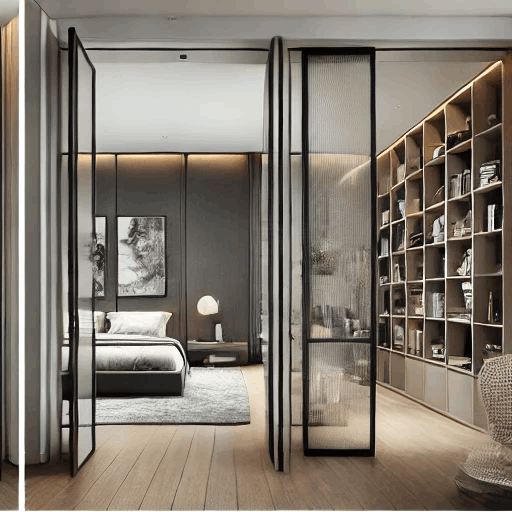 Puerta corredera moderna con marco metálico negro y cristal, separando un dormitorio elegante de una biblioteca con estanterías iluminadas. El dormitorio cuenta con una cama decorada en tonos neutros, mientras que la biblioteca destaca por su organización y luz cálida, creando un ambiente sofisticado y funcional.