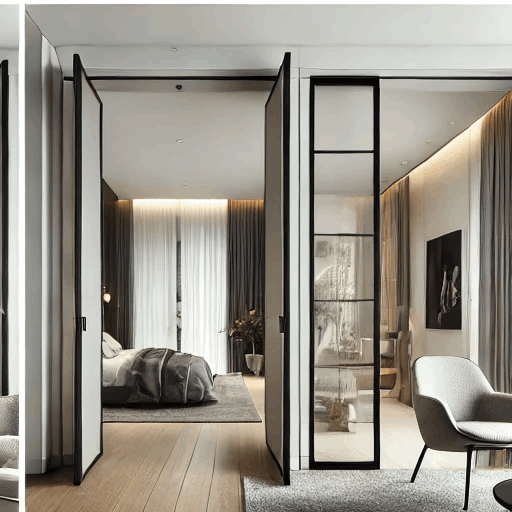Puerta corredera moderna con marco metálico negro y cristal, separando un dormitorio elegante de una sala de estar. El dormitorio cuenta con cortinas largas y ropa de cama en tonos grises, mientras que la sala incluye muebles minimalistas y una silla de diseño contemporáneo, en un espacio amplio y luminoso.